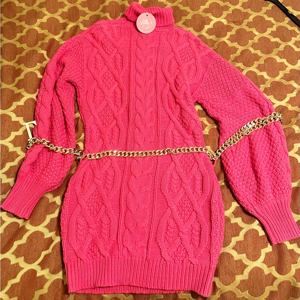 Lilly’s Kloset Pink Sweater Dress & Gold Belt chain- M
NWT